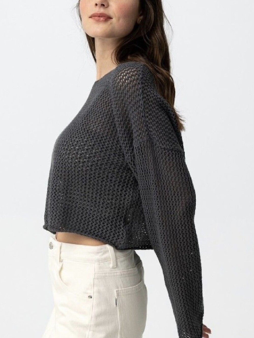Zara Charcoal Gray Open-Weave Cropped Sweater